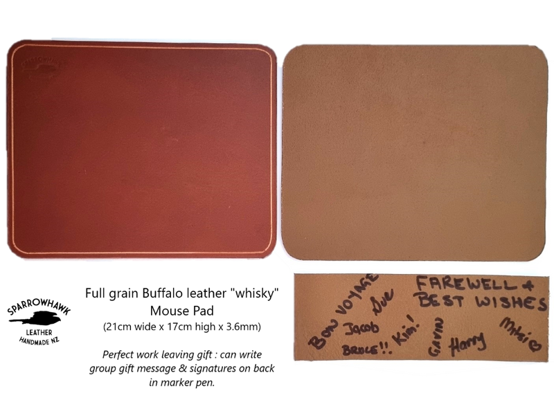 Full grain leather mousemat, affordable office leaving gift, write Farewell Messages on underside, handmade in NZ by Sparrowhawk Leather