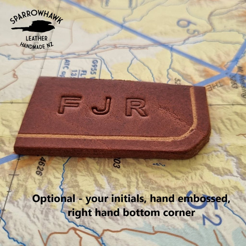 Optional hand embossed intials on full grain buffalo leather mousemat perfect for affordable colleague farewell gift handmade in NZ by Sparrowhawk Leather