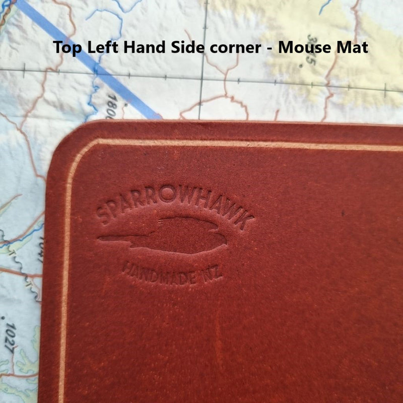 Embossed Sparrowhawk Leather NZ makers mark on Full Grain buffalo leather mouse pad